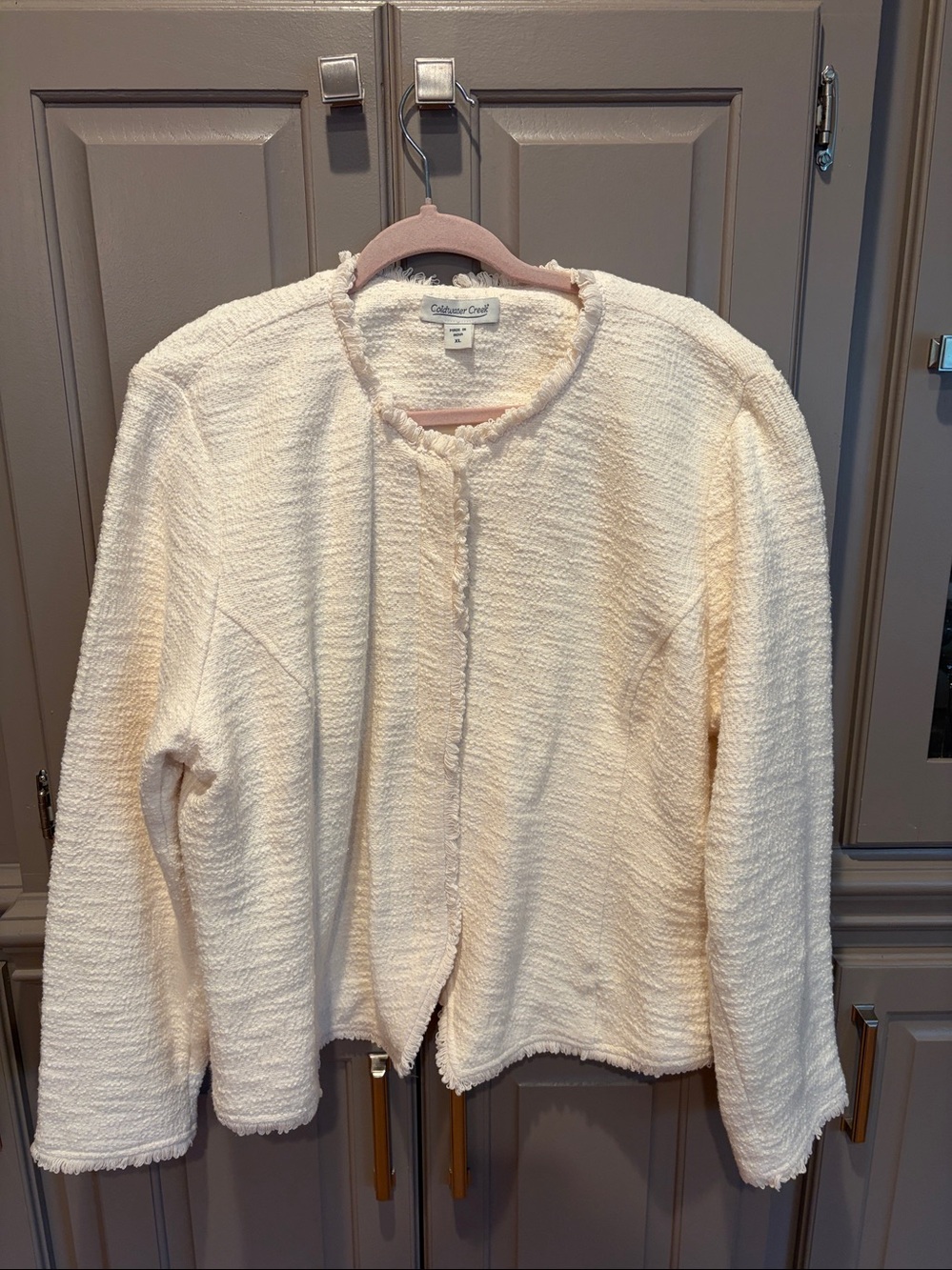 Coldwater Creek Cream Fringe-Trim Open Jacket